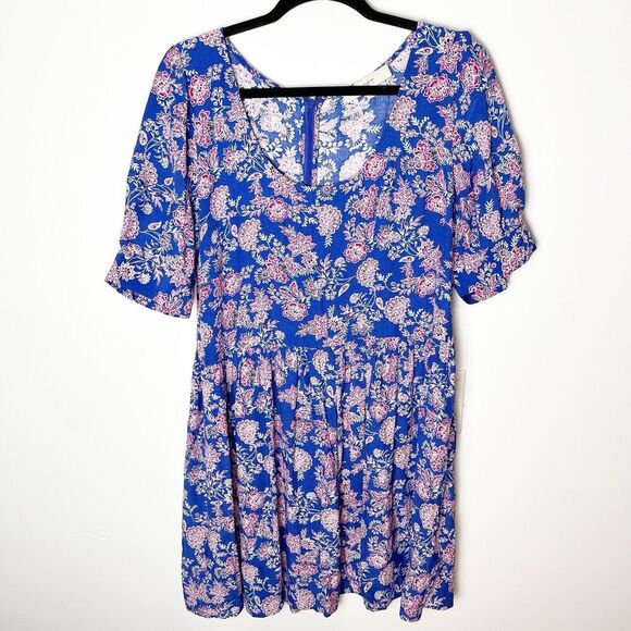 LOFT Dresses & Skirts - LOFT Dress Womens 12 Blue Floral Print Puff Sleeve Midi Scoop Neck​
